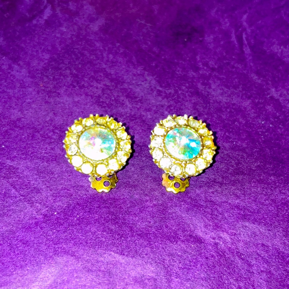 Vintage clip on AB coated crystal earrings